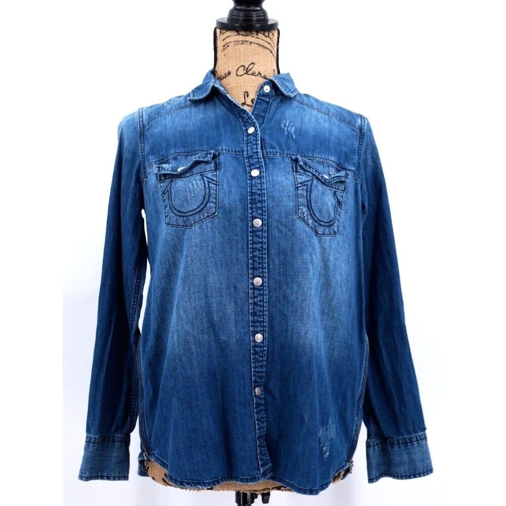 True‎ Religion Button Up Shirt Women Extra Small XS Blue Chambray Casual Western